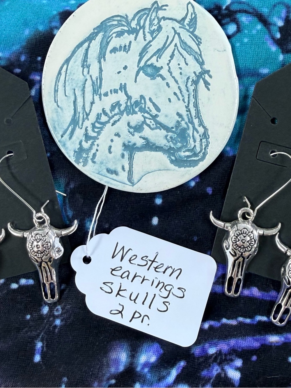 Silver toned Western Skull Dangle Earrings - Set of 2 Pairs-S - Picture 2 of 7